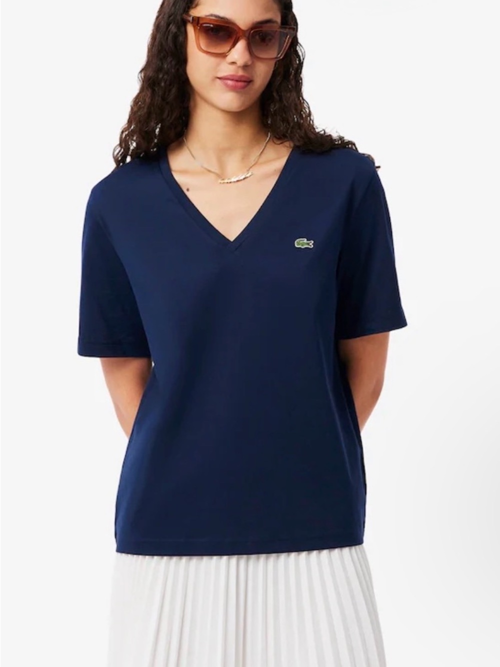 Lacoste🐊 Women's Navy V-Neck Tee Size 36 (S)